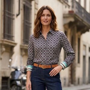 Womens Geometric Print Button-Down Shirt - Black/White with Teal Trim